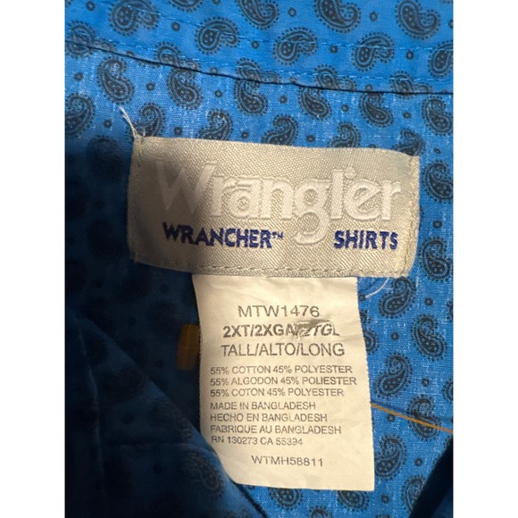 Wrangler Western Shirt Mens 2X Tall Blue Paisley Print Short Sleeve Snap Button - Picture 3 of 4